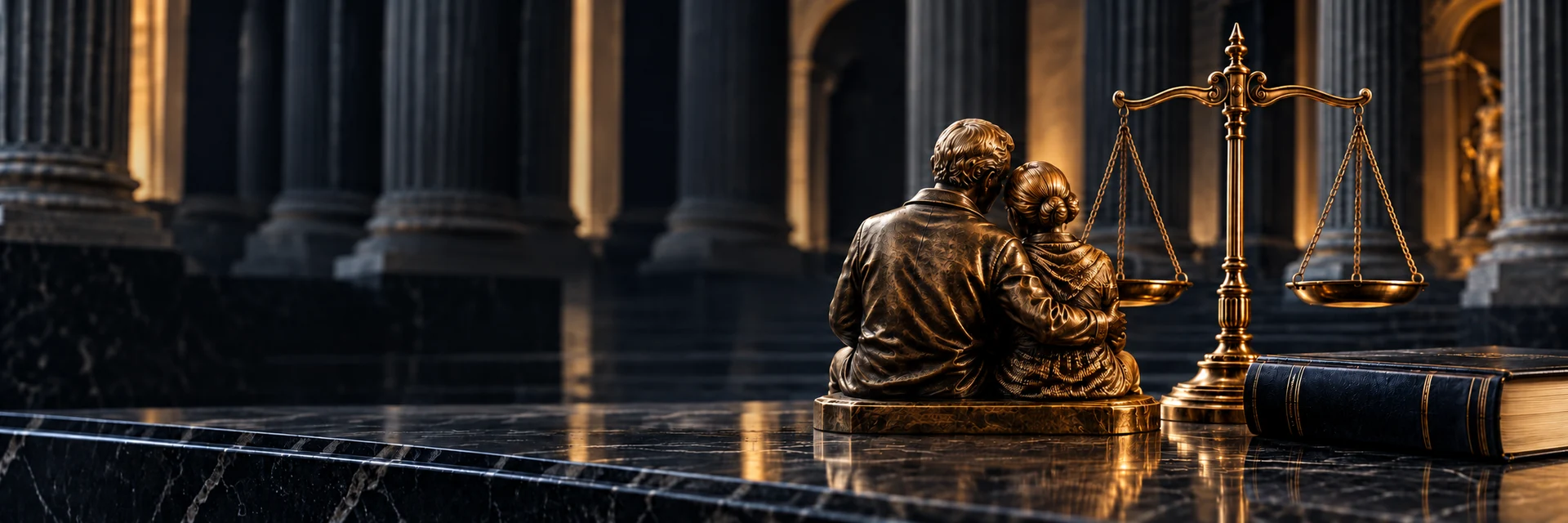 Escultura de casal idoso, balança da Justiça e livro jurídico